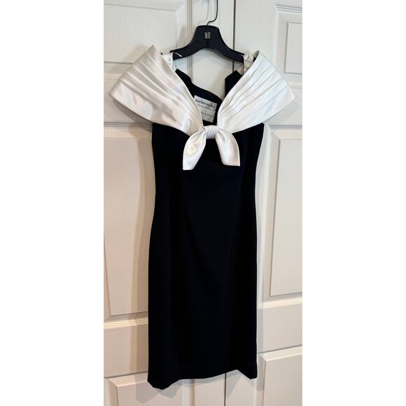 Vintage 80 Morton Myles Black Velvet White Satin Formal Sheath Dress - Picture 1 of 8